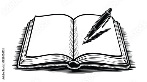 An open book with a fountain pen resting on its pages signifies writing or reading.
