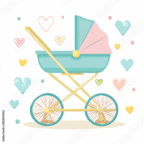 Whimsical Baby Stroller Illustration Surrounded by Hearts for Nursery Decor