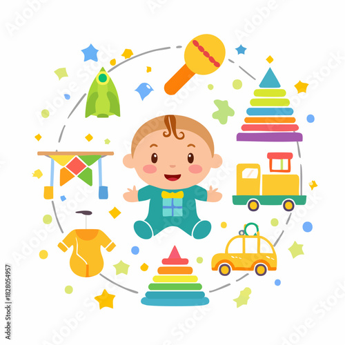 Adorable cartoon baby boy sitting happily surrounded by a circular frame of colorful toys, including a rattle, stacking pyramids, and cars, representing childhood and playtime