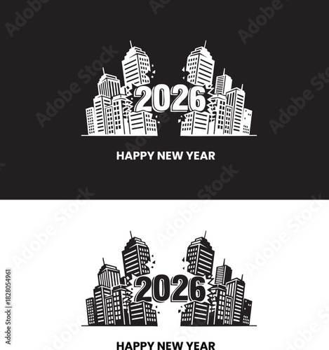 Modern Business Towers Transforming Smoothly Into New Year Digits  Strong Monochrome Corporate EPS Illustration
