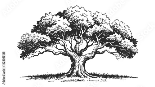 A large, old oak tree with spreading branches and lush foliage stands prominently.