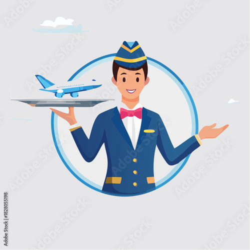 Smiling flight attendant in uniform holds a tray with a toy airplane, set against a circular backdrop.