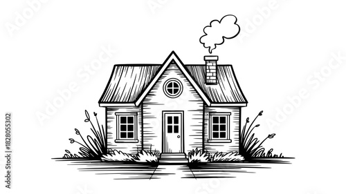 A small, charming cottage-style house with smoke rising from its chimney.