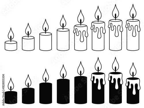 A set of candles of varying sizes and styles shows a progression of illumination and design.
