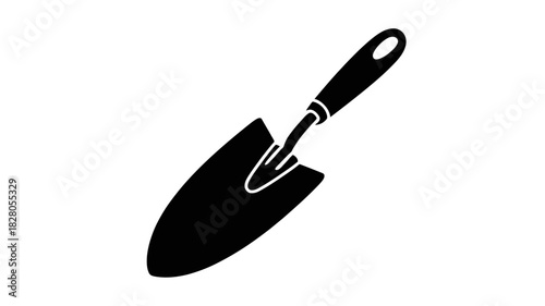A black silhouette of a garden trowel on a white background.