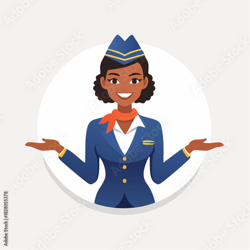 Welcoming African American female flight attendant with a friendly gesture, in bright studio.