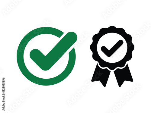 Checkmark and ribbon icons represent approval and success
