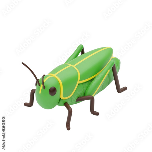 Green Grasshopper 3D Illustration with Brown Legs and Antennae on White Background