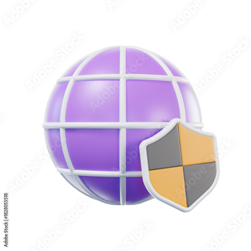 A stylized 3D illustration of a purple globe with a protective shield, representing global internet security, network protection, and online data privacy on an isolated white background