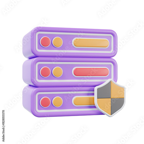 3D illustration of a secure data server stack with a protective shield icon, symbolizing robust digital information security, network safety, and reliable data storage