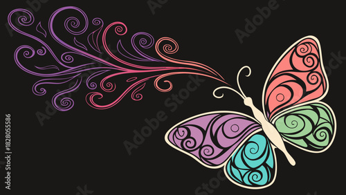 A whimsically designed butterfly with intricate swirls and vibrant colors, set against a dark backdrop, creating a visually striking contrast
