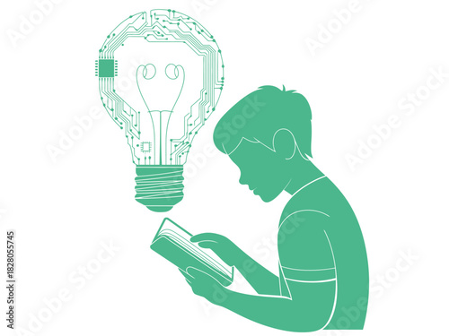 A young person reads a book, and a bright idea is visualized as a circuit board light bulb.