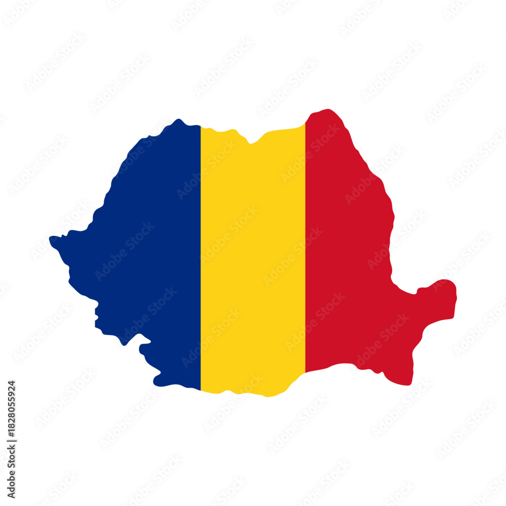 Fototapeta premium Romania map icon. Colored silhouette of Romania filled with national flag vector illustration. European country border sign. Political geography symbol. National identity pictogram