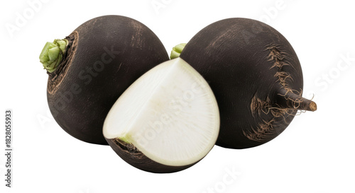 Foto Black radish isolated PNG on transparent background, raw root vegetable with dar