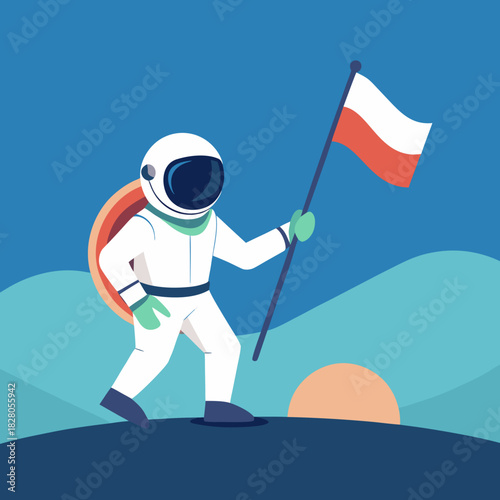 Astronaut plants polish flag on alien planet with colorful sunset