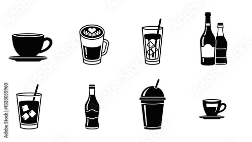 Collection of diverse black and white beverage icons: coffee, latte, iced drinks, and bottles for menus and designs Vector