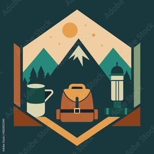Geometric mountain landscape with camping gear and mug