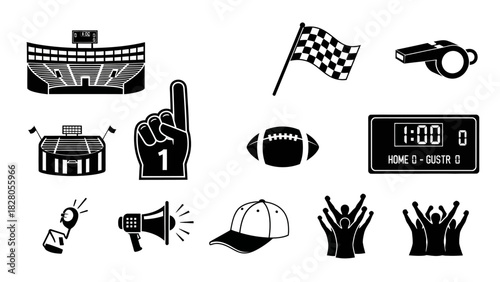 Collection of black vector icons representing various elements of sports, game day, stadium events, and fan essentials. Vector