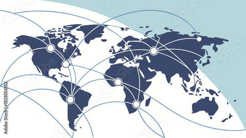 Global network connecting continents, illustrating international business, communication, and interconnectedness on a light blue background