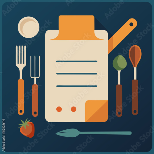 Flat design illustration of cooking ingredients and utensils for recipe creation