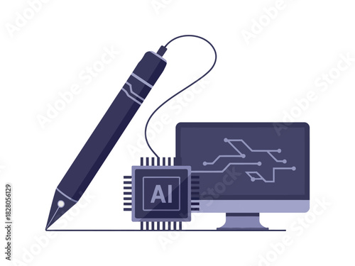 A stylus pen connected to a computer screen via a central processing unit labeled AI.