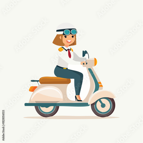 A smiling woman wearing a helmet rides a vintage scooter.
