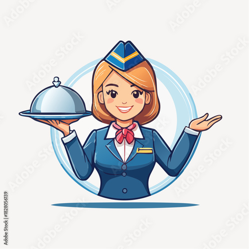 Happy professional flight attendant or hostess smiling, holding a serving tray with cloche, welcoming guests in a bright studio.