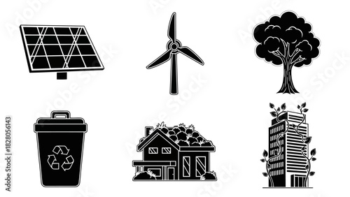Collection of eco-friendly icons representing renewable energy, environmental protection, and green living concepts. Vector