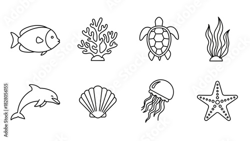Underwater creatures and elements outline icon set: fish, coral, turtle, seaweed, dolphin, seashell, jellyfish, starfish Vector