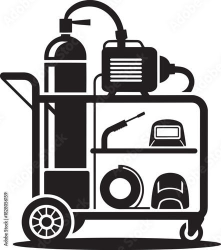 Mobile welding utility cart with gas tank machine and professional protective helmet on shelves