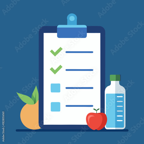 Healthy lifestyle checklist with fruit and water bottle illustration
