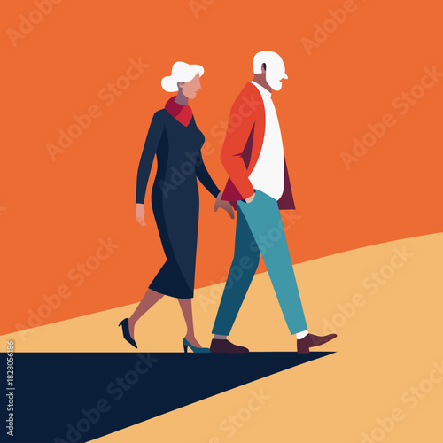 Elderly couple walking hand in hand against a vibrant orange background