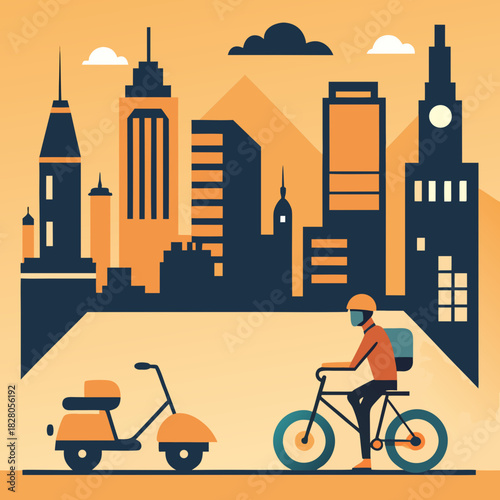 Urban delivery person rides bicycle past scooter with city skyline background