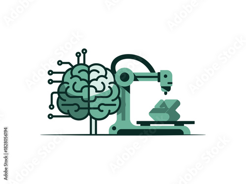 Robotic arm creating a futuristic object from a digital brain