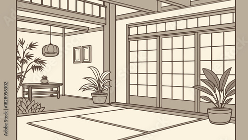 A serene japanese room showcases tatami mats, shoji screens, and potted plants, creating a tranquil and minimalist interior design aesthetic