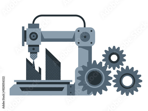 An industrial 3D printer with gears is creating a complex object.