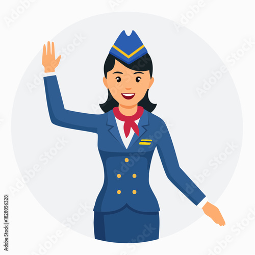 Cartoon flight attendant in blue uniform waving with a friendly expression.