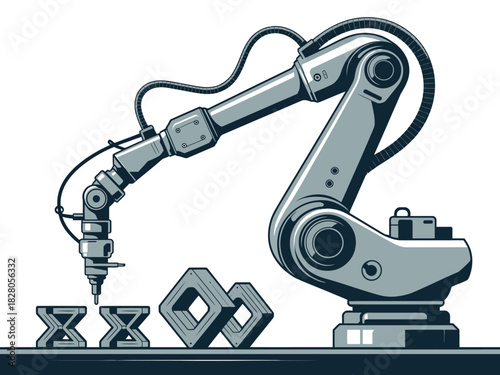 A robotic arm manufactures intricate geometric shapes using additive manufacturing.