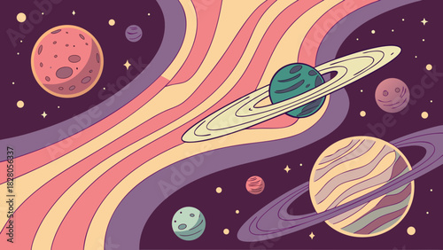 A whimsical space adventure unfolds with planets adorned with rings, set against a backdrop of swirling pastel hues and twinkling stars