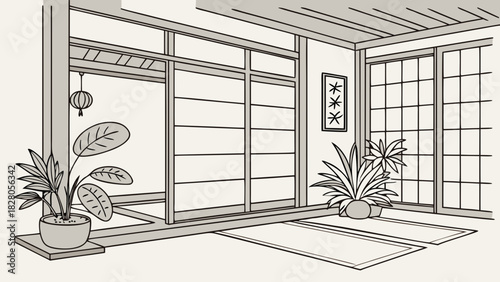 A serene indoor scene showcases a minimalist japanesestyle room with sliding doors, potted plants, and a hanging lantern, creating a peaceful ambiance