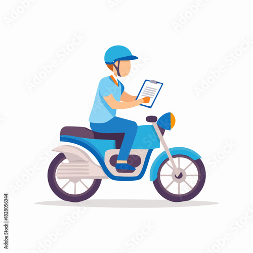 A delivery person riding a blue motorcycle and holding a clipboard.