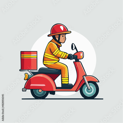 Cartoon illustration of a delivery person riding a red scooter with a red box on the back.