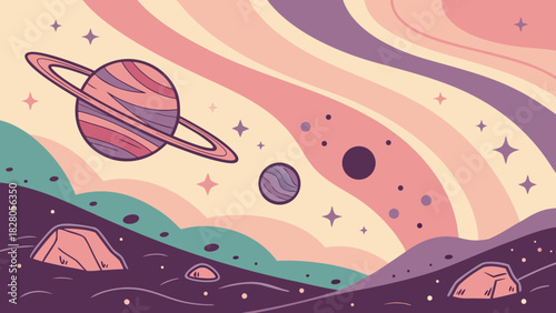 A whimsical space landscape with planets, stars, and rolling hills, rendered in a soft, pastel color palette, evoking a sense of dreamy adventure