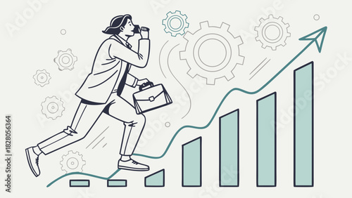 A determined businesswoman strides confidently towards success, symbolized by a rising bar graph