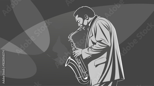 A grayscale vector illustration of a jazz musician passionately playing a saxophone, set against a subtly textured backdrop with abstract light patterns