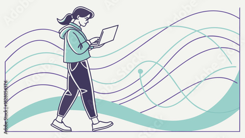 A woman walks while using a laptop, with abstract lines in the background, symbolizing connectivity and modern technology integration in daily life