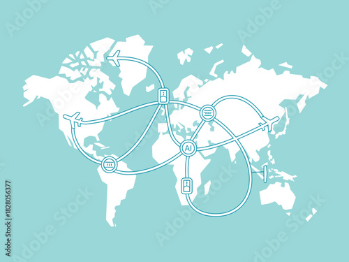 Global travel routes connect continents and major cities on a world map.