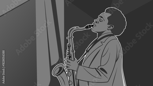 A grayscale illustration of a musician playing the saxophone with passion and skill, set against a backdrop of geometric shapes and shadows