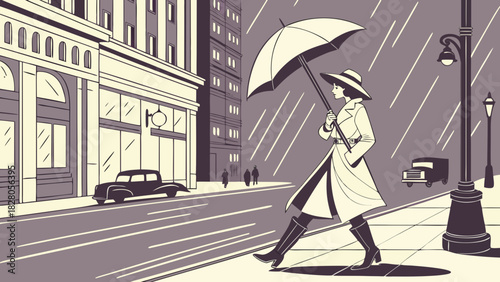 A woman in a trench coat walks in the rain with an umbrella in a city street, with buildings, cars, and streetlights in the background