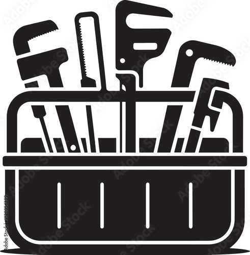 Plumbing repair instruments in portable open toolbox silhouette collection featuring pipe wrenches hacksaw